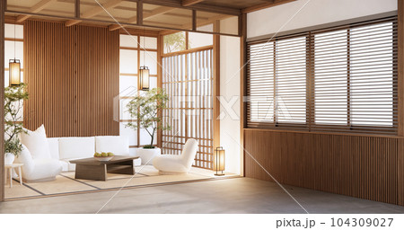 BIg roominterior design in modern living room with black low table ,lamp,vase, and decor Japanses style. 3D rendering 104309027