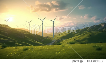 Wind turbines on the green hills against the colorful sunset sky. Production of renewable green energy. Sustainable development concept. Mock up, 3D rendering. Wind turbines on the green hills against the colorful sunset sky. Production of renewable green energy. Sustainable development concept. Mock up, 3D rendering. 104309057