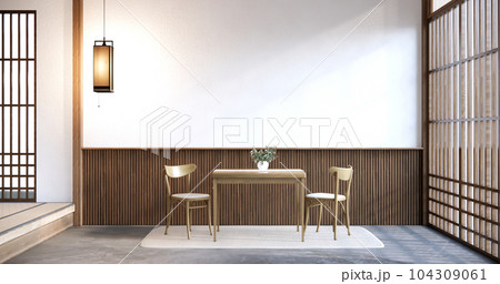 kitchen room dining table grey wall wood floor. 3d rendering kitchen room dining table grey wall wood floor. 3d rendering 104309061