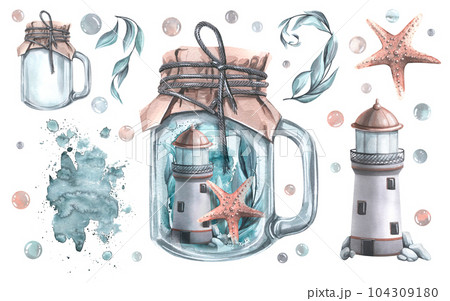 Lighthouse. seaweed and starfish in a glass jar. Watercolor illustration. Elements from the collection of WHALES. For the design and decoration of prints, stickers, posters, postcards. 104309180