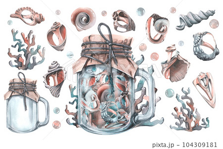 Different seashells inside a glass jar with a handle and closed craft paper with a string, surrounded by corals. Watercolor illustration hand drawn. Isolated elements on a white background Different seashells inside a glass jar with a handle and closed craft paper with a string, surrounded by corals. Watercolor illustration hand drawn. Isolated elements on a white background 104309181