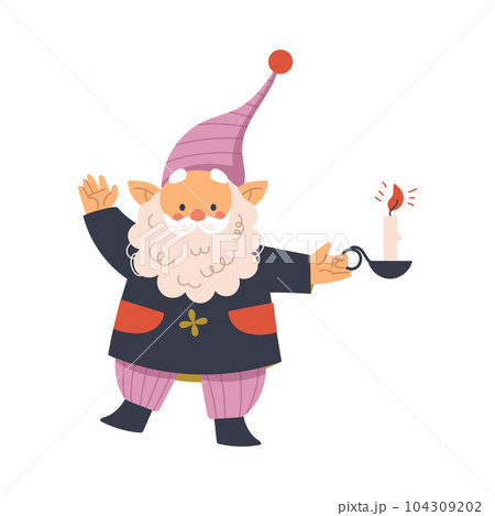 Funny Gnome Character with Beard Standing with Burning Candle Vector Illustration 104309202