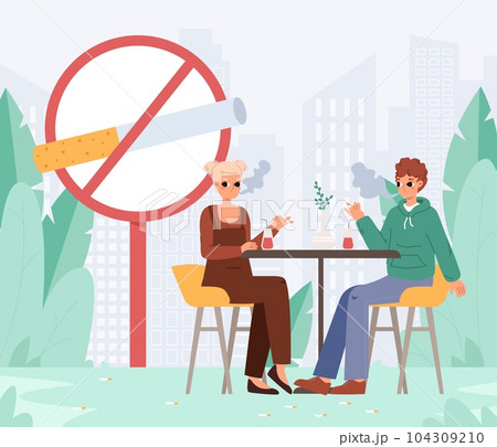 Couple in cafe smoking under sign no smoke. Bad habit or addiction, smokers in public space. Young adults terrible upbringing, vector scene Couple in cafe smoking under sign no smoke. Bad habit or addiction, smokers in public space. Young adults terrible upbringing, vector scene 104309210
