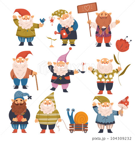Funny Gnome Characters with Beard and Pointed Hat in Garden Vector Set Funny Gnome Characters with Beard and Pointed Hat in Garden Vector Set 104309232