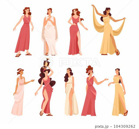 Roman or Greek Girl in Antique Clothes Stand and Gesturing with Amphora Vector Set 104309262