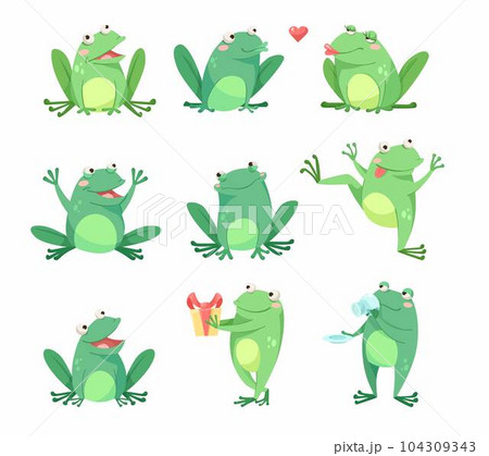 Cute Green Leaping Frog Character Sitting and Smiling Vector Illustration Set 104309343