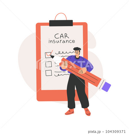 Car Insurance with Happy Man Character with Huge Pencil Mark Checkbox in Document Vector Illustration 104309371