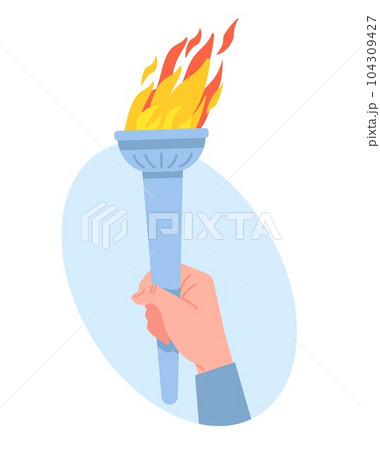 Hand holding torch. Symbol of enlightenment and education. Olympian sport tournament ceremony. Arm clutching blazing stick in fist. Burning fire. Success and triumph. Vector concept Hand holding torch. Symbol of enlightenment and education. Olympian sport tournament ceremony. Arm clutching blazing stick in fist. Burning fire. Success and triumph. Vector concept 104309427