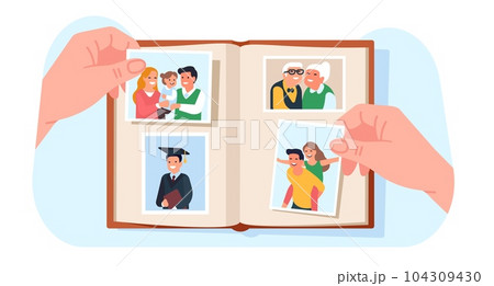 Family photo album. Hands holding memorable photographies. Students graduation snapshot. Couple and children portraits. Smiling grandparents picture. Scrapbook in arms. Vector concept 104309430