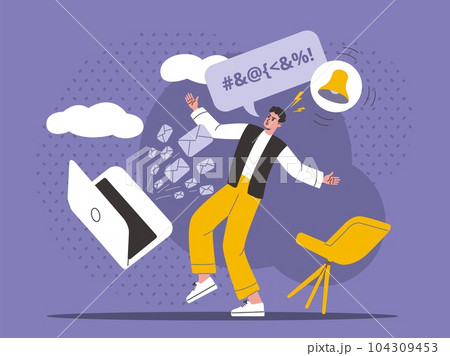 Cartoon guy gets spam newsletters. Scared stressed man dodges flying envelopes with messages. Unnecessary information. Computer email notification bell. Receive letters. Vector concept 104309453