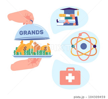 Allocating and receiving grants for study. Science and medicine. Education payment. Physics and medical research. Graduation hat. Hands holding tray with money banknotes. Vector concept Allocating and receiving grants for study. Science and medicine. Education payment. Physics and medical research. Graduation hat. Hands holding tray with money banknotes. Vector concept 104309459