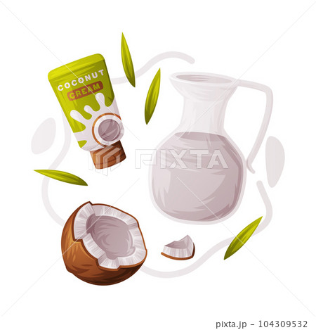 Coconut Product as Tropical Fruit and Organic Food and Cosmetic Ingredient Vector Composition Coconut Product as Tropical Fruit and Organic Food and Cosmetic Ingredient Vector Composition 104309532
