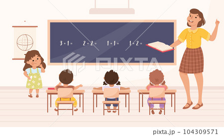 Classroom with Little Children Pupils Sitting at Desk Have Lesson Vector Illustration 104309571