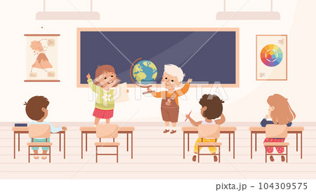 Classroom with Little Children Pupils Sitting at Desk Have Lesson Vector Illustration Classroom with Little Children Pupils Sitting at Desk Have Lesson Vector Illustration 104309575