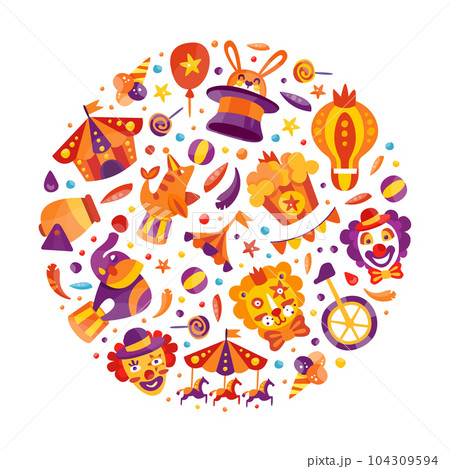 Circus Show Round Composition Design with Fairground Amusement Object Vector Template 104309594