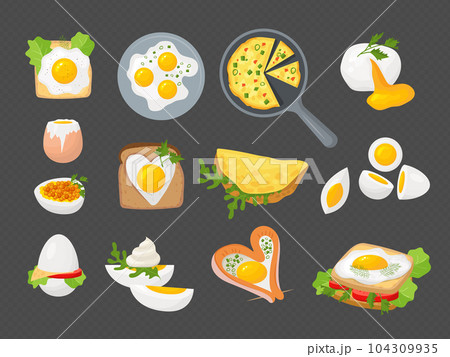 Eggs products. Omelette from organic natural healthy eggs homemade snacks boiled and fried culinary products recent vector cartoon eggs 104309935