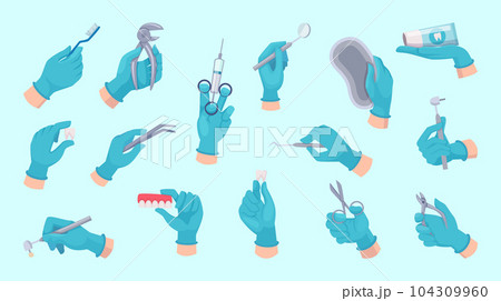 Doctor hands. Dentist equipment in hands exact vector medical tools in cartoon style Doctor hands. Dentist equipment in hands exact vector medical tools in cartoon style 104309960