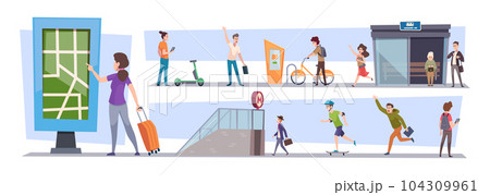People bus station. Urban daily activities walking running sitting passengers going to train or bus exact vector templates 104309961