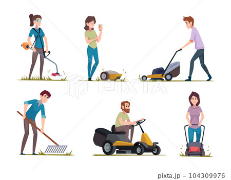 Grass care. Male and female characters cutting green grass with lawn mowing machine exact vector cartoon people in action poses Grass care. Male and female characters cutting green grass with lawn mowing machine exact vector cartoon people in action poses 104309976