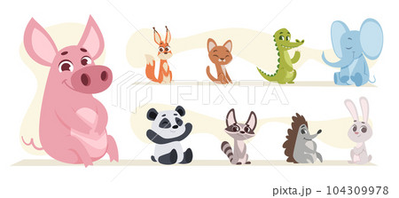 Baby animals. Different wild animals kids in action poses exact vector cute cartoon pictures set 104309978
