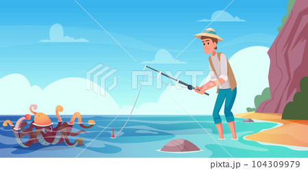 Ocean fishing. Background with wild creature octopus underwater exact vector cartoon illustration 104309979