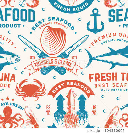 Set of seafood seamless pattern. Fresh tuna, octopus, trout, shrimp, dressed crab, mussels and clams. Vector. For background or wallpaper with tuna, trout, shrimp, octopus, crab, mussels and clams 104310003