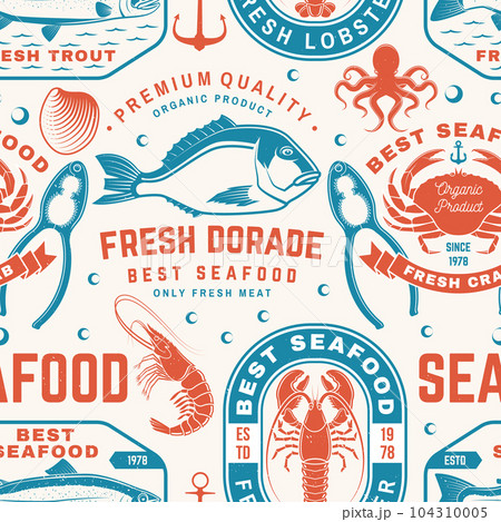 Set of seafood seamless pattern. Fresh tuna, octopus, trout, shrimp, dressed crab, mussels and clams. Vector. For background or wallpaper with tuna, trout, shrimp, octopus, crab, mussels and clams 104310005