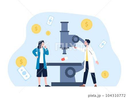Commercial pharmacy research. Pharmacology, scientist and microscope. Researching on new pills, biochemistry or medical laboratory vector concept 104310772