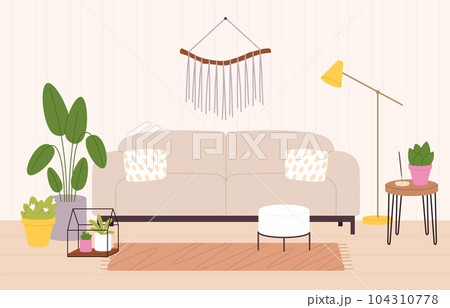 Room interior scandinavian style. Living room decorations, relax room design with cozy sofa, plants and decor. Racy indoor furniture vector scene 104310778