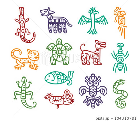 Maya aztec totem isolated elements. Signs idols of south america, eagle and fish. Tribal mexican abstract native icons. Classy vector decorations 104310781