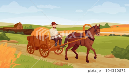 Rustic horse vehicles. Farmer on horse-drawn cart agriculture village background, working horses moving old wagon carriage, wild west history ingenious cartoon vector illustration 104310871