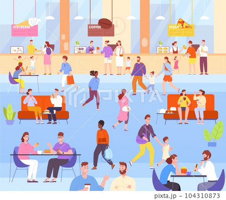 People food court. Retail restaurant counter mall cafe, client eating breakfast lunch meal inside cafeteria shopping store buffet dinner eat customer, splendid vector illustration People food court. Retail restaurant counter mall cafe, client eating breakfast lunch meal inside cafeteria shopping store buffet dinner eat customer, splendid vector illustration 104310873