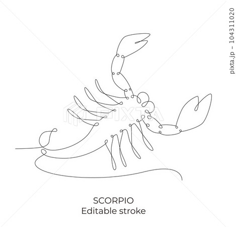 Scorpio zodiac constellation one single hand drawing continues line. Vector stock illustration isolated on white background. Editable stroke line. EPS10 Scorpio zodiac constellation one single hand drawing continues line. Vector stock illustration isolated on white background. Editable stroke line. EPS10 104311020