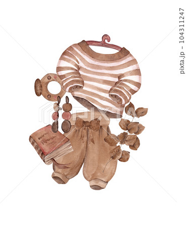Fashion collection of monochrome things: Bermuda shorts, sweater on a hanger, book, ring, earrings and eucalyptus. Watercolor illustration of clothes in coffee color 104311247