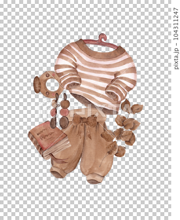 Fashion collection of monochrome things: Bermuda shorts, sweater on a hanger, book, ring, earrings and eucalyptus. Watercolor illustration of clothes in coffee color 104311247