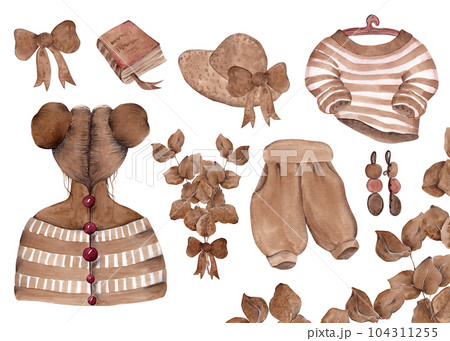 Back to school. A set of girly things: a hat, Bermuda shorts, a sweater on a hanger, a book, a ring, earrings and a bouquet of eucalyptus. Watercolor illustration of a set of coffee-colored clothes Back to school. A set of girly things: a hat, Bermuda shorts, a sweater on a hanger, a book, a ring, earrings and a bouquet of eucalyptus. Watercolor illustration of a set of coffee-colored clothes 104311255