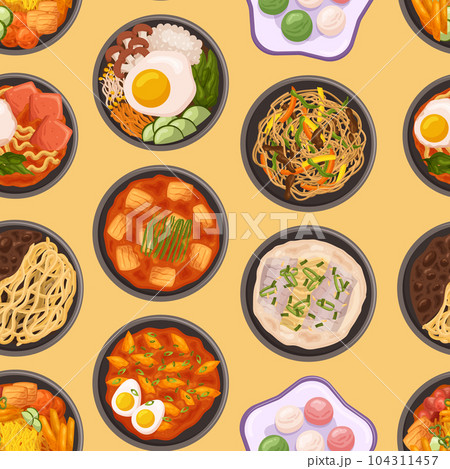 Vibrant Seamless Pattern Showcasing Various Delectable Korean Dishes, Bursting With Flavors And Colors, Illustration 104311457