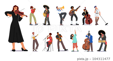 Set of Male and Female Musicians. People Play Violin, Guitar, Trumpet and Contrabass. Balalaika, Saxophone and Drums Set of Male and Female Musicians. People Play Violin, Guitar, Trumpet and Contrabass. Balalaika, Saxophone and Drums 104311477