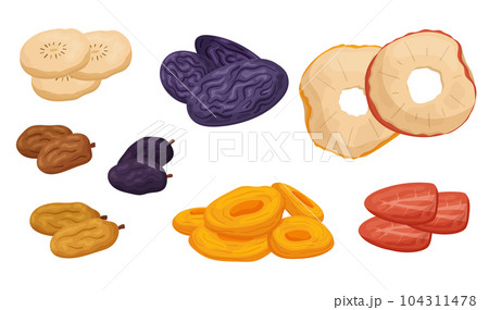 Set Of Dried, Candied Fruits And Berries. Apple, Banana, Prunes, Raisins, Strawberry And Apricot Dehydrated Desserts 104311478