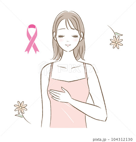 ピンクリボン 乳がんチェックをする若い女性イラスト 104312130