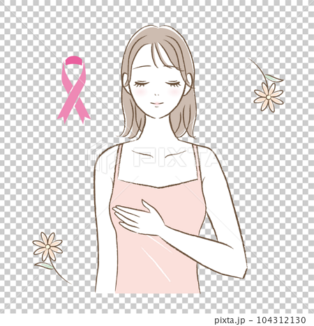 ピンクリボン 乳がんチェックをする若い女性イラスト 104312130