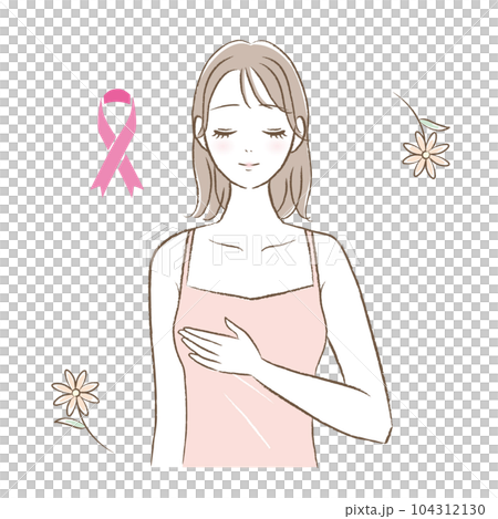 粉紅絲帶 一名年輕女性進行乳腺癌檢查的插圖 104312130