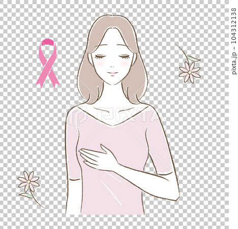 ピンクリボン 乳がんチェックをする若い女性イラスト 104312138