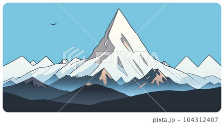 Flat graphic vector illustration of abstract snowy mountain landscape with high snowcapped peak and sharp mount range 104312407