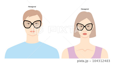 Hexagonal frame glasses on women and men flat character fashion accessory illustration. Sunglass front view unisex Hexagonal frame glasses on women and men flat character fashion accessory illustration. Sunglass front view unisex 104312483