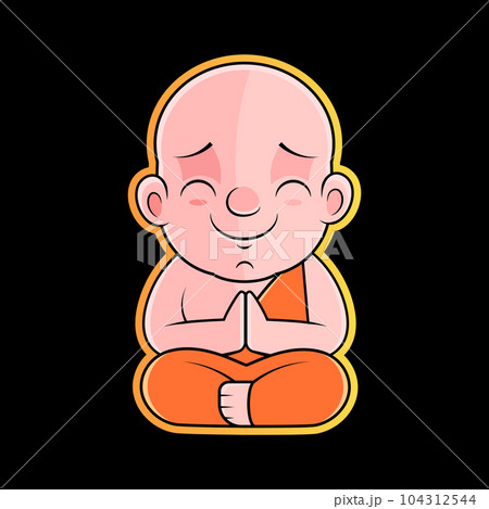 Buddhist monk in orange robes sitting in meditation. Cute cartoon tibetan monk meditating illustration. 104312544