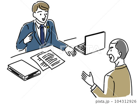 男性弁護士に相談するビジネスマンのシンプル線画イラスト 104312926