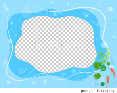 Frame background illustration with cute goldfish and aquatic plants swimming in glittering blue water Frame background illustration with cute goldfish and aquatic plants swimming in glittering blue water 104313115