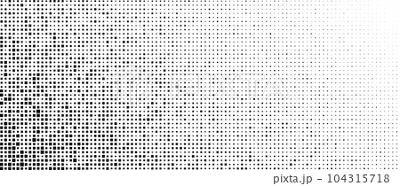Halftone pixelated gradient background. Faded square particles texture. Dissolving grunge noise wallpaper. Black dots, speckles, pixels wallpaper. Gritty vector backdrop 104315718