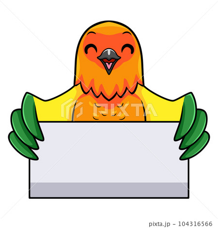 Cute sun conure parrot cartoon holding blank sign 104316566